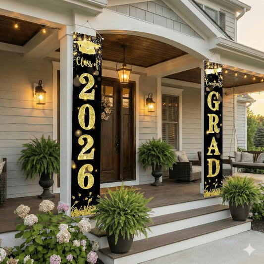 Black and Gold Graduation Porch Banner
